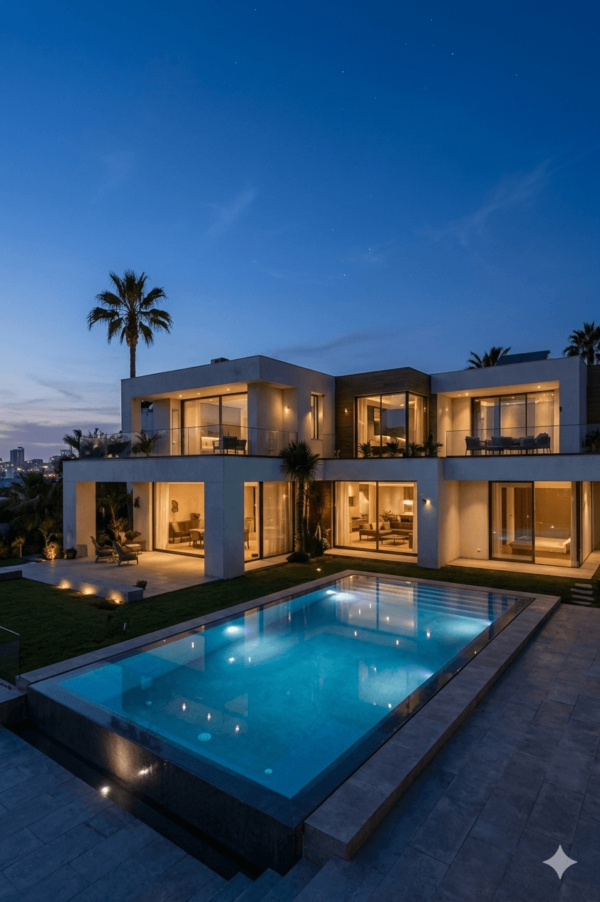 Contemporary villa with pool at dusk — premium residential ambiance placeholder